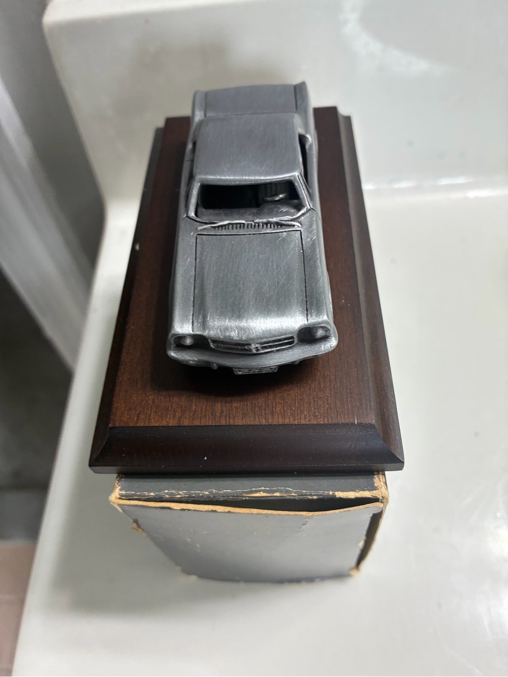 Vintage 1984 Avon pewter model of a 1964 Ford Mustang w/wood platform & Box